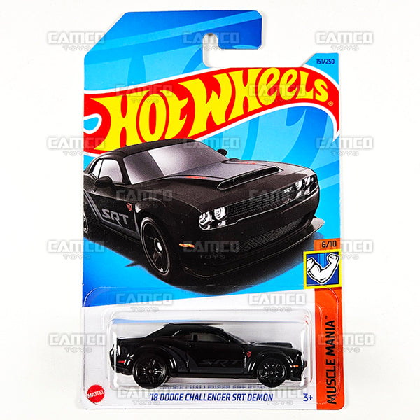 18 DODGE CHALLENGER SRT DEMON #151 black HKK90 - Muscle Mania 6/10 - 2023 Hot Wheels Basic Mainline 1:64 DieCast Case Assortment C4982 by Mattel.