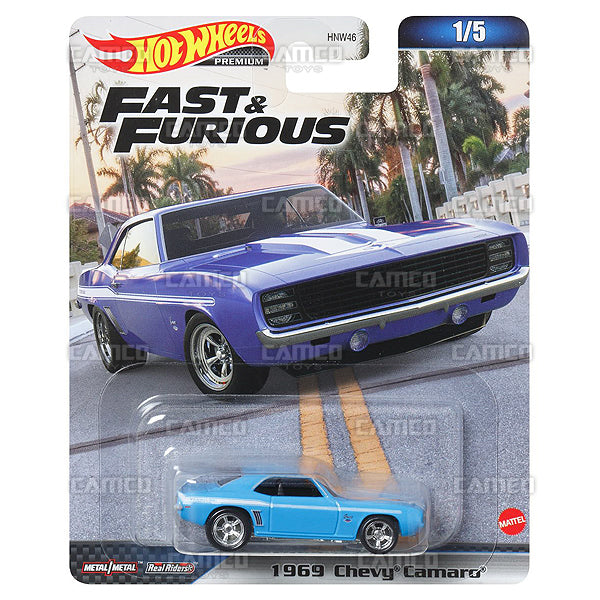 1969 Chevy Camaro 1/5 blue - 2023 Hot Wheels Premium Fast &amp; Furious B Case Assortment 1:64 Diecast with Real Riders HNW46-956B by Mattel.