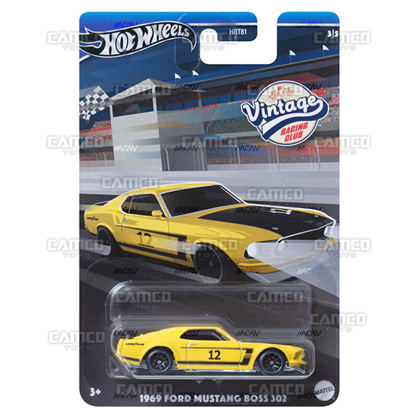 1969 Ford Mustang Boss 302 3/5 yellow - HRV08 - 2024 Hot Wheels Vintage Racing Club Case B Assortment 1:64 Diecast HRT81-956B by Mattel.