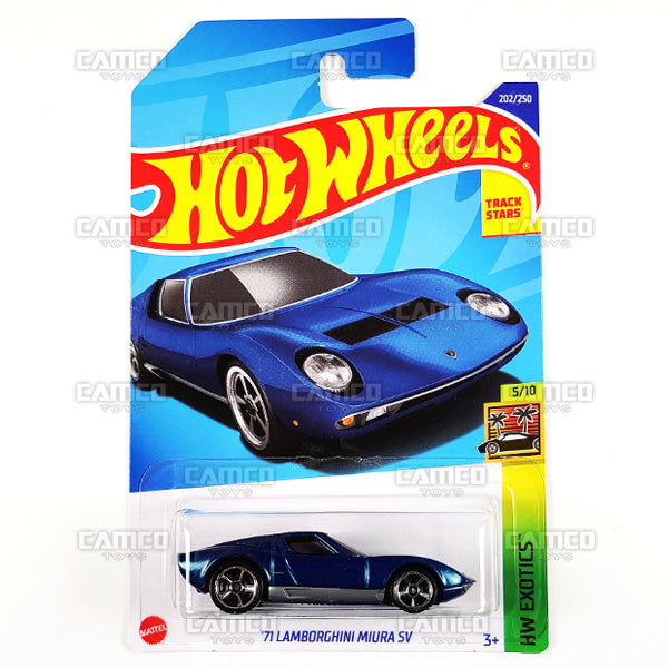 71 LAMBORGHINI MIURA SV #202 blue - HW Exotics 5/10 - 2022 Hot Wheels Basic Mainline 1:64 DieCast Case Assortment C4982 by Mattel.