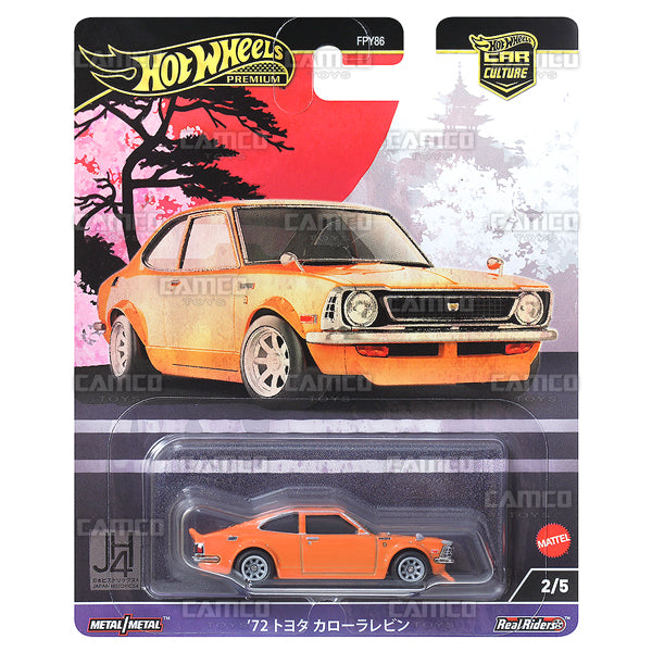 72 Toyota Corolla Levin 2/5 orange - HRV69 - 2024 Hot Wheels Premium Car Culture Japan Historics 4 Case B 1:64 Diecast Assortment Metal/Metal with Real Riders FPY86-961B by Mattel.