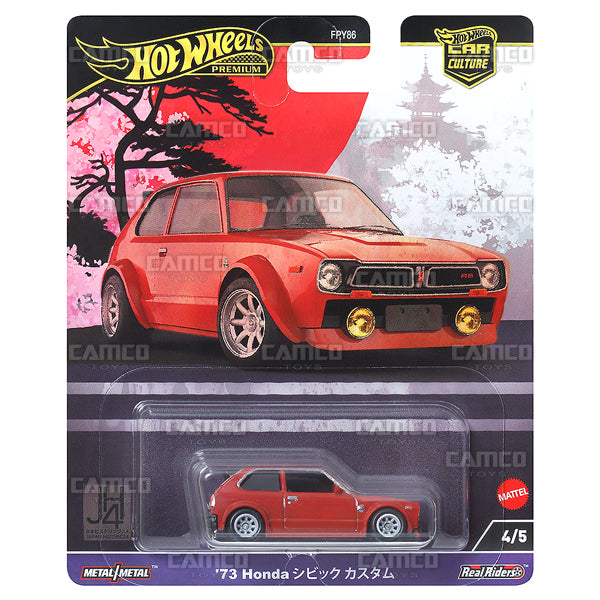 73 Honda Civic Custom 4/5 red - HRV85 - 2024 Hot Wheels Premium Car Culture Japan Historics 4 Case B 1:64 Diecast Assortment Metal/Metal with Real Riders FPY86-961B by Mattel.