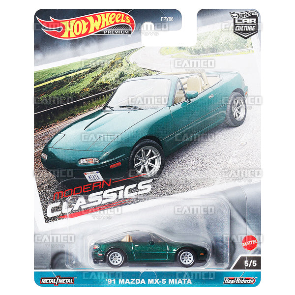 91 Mazda MX-5 Miata 5/5 green - 2023 Hot Wheels Car Culture MODERN CLASSICS Case E Premium 1:64 Assortment Metal/Metal with Real Riders FPY86-959E by Mattel.