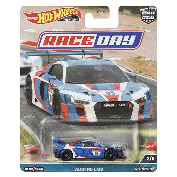 Audi R8 LMS 3/5 - 2023 Hot Wheels Premium 1:64 Car Culture RACE DAY D Case Assortment Metal/Metal with Real Riders FPY86-959D by Mattel.