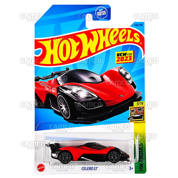 Celero GT #178 red - HKK55 - HW Exotics 3/10 - 2023 Hot Wheels Basic Mainline 1:64 DieCast Case Assortment L2593 by Mattel. UPC 194735103164