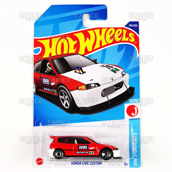 HONDA CIVIC CUSTOM #204 red - HW J-Imports 10/10 - 2022 Hot Wheels Basic Mainline 1:64 DieCast Case Assortment C4982 by Mattel.
