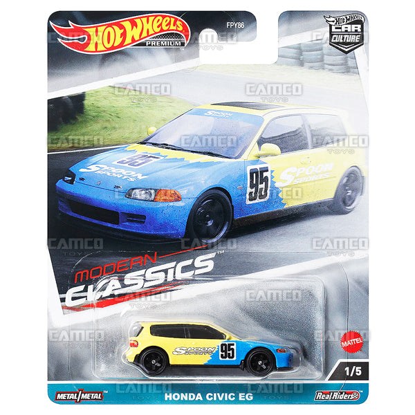 Honda Civic EG 1/5 yellow/blue spoon - 2023 Hot Wheels Car Culture MODERN CLASSICS Case E Premium 1:64 Assortment Metal/Metal with Real Riders FPY86-959E by Mattel.