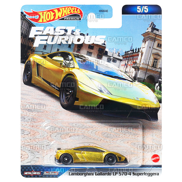 Lamborghini Gallardo LP 570-4 Superleggera 5/5 gold - 2023 Hot Wheels Premium Fast &amp; Furious Case D Assortment 1:64 Diecast with Real Riders HNW46-956D by Mattel.