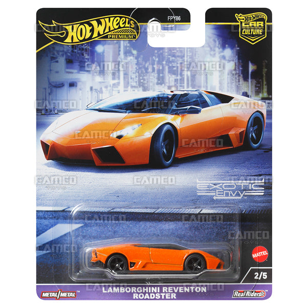 Lamborghini Reventon Roadster 2/5 orange - HKC76 - 2024 Hot Wheels Premium Car Culture Exotic Envy Case G 1:64 Diecast Assortment Metal/Metal with Real Riders FPY86-959G by Mattel.