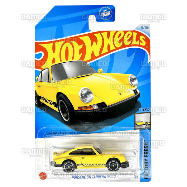 Porsche 911 Carrera RS 2.7 #46 yellow (HTC49) - Factory Fresh - 2024 Hot Wheels Basic Mainline 1:64 DieCast Case Assortment L2593 by Mattel. UPC 194735103164
