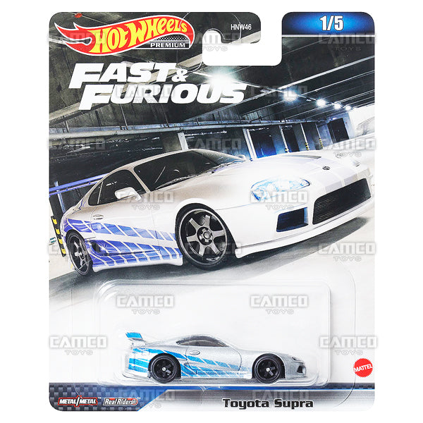 Toyota Supra 1/5 silver - 2023 Hot Wheels Premium Fast & Furious Case D Assortment 1:64 Diecast with Real Riders HNW46-956D by Mattel.