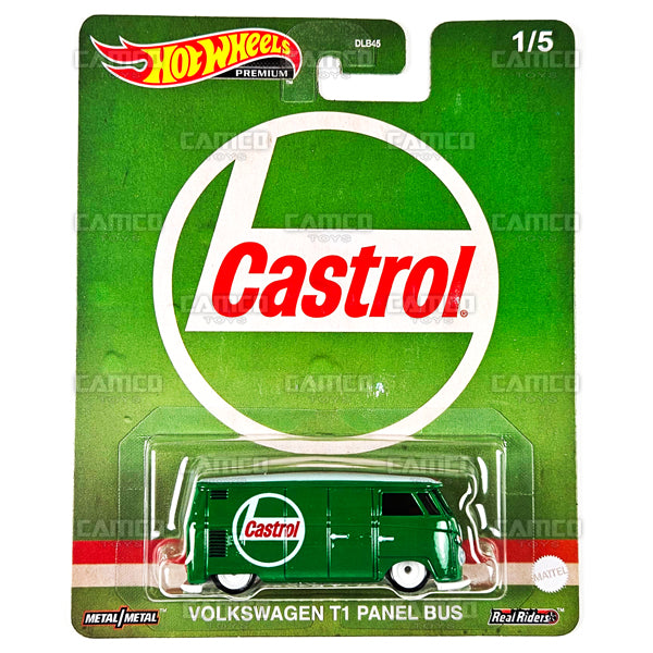 Volkswagen T1 Panel Bus #1 green (Castrol Oil) HKD01 - 2023 Hot Wheels Pop Culture VINTAGE OIL Case U 1:64 Premium Diecast Assortment DLB45-979U by Mattel.