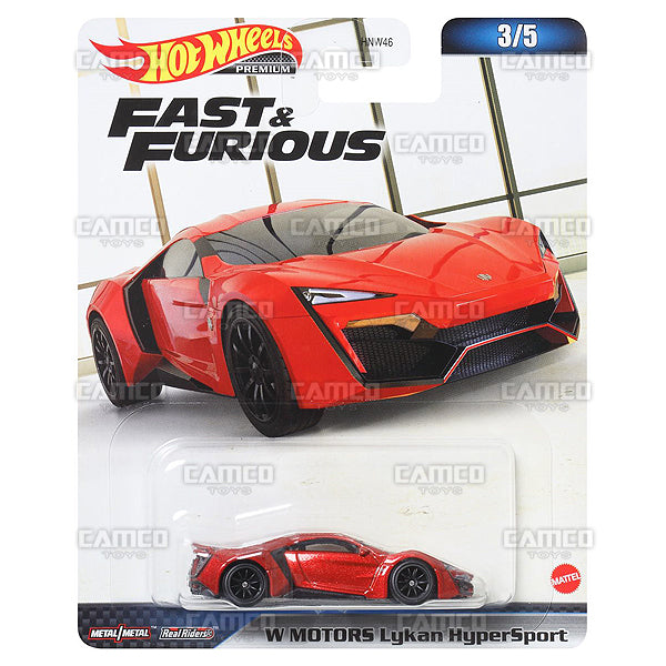 W Motors Lykan Hyper Sport 3/5 - 2023 Hot Wheels Premium Fast &amp; Furious B Case Assortment 1:64 Diecast with Real Riders HNW46-956B by Mattel.