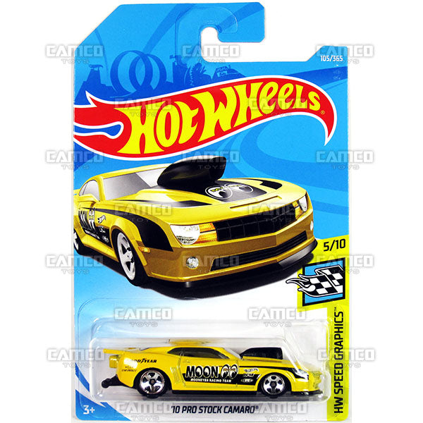 10 Pro Stock Camaro #105 yellow Mooneyes - 2018 Hot Wheels Basic Mainline E Case Assortment C4982 by Mattel.