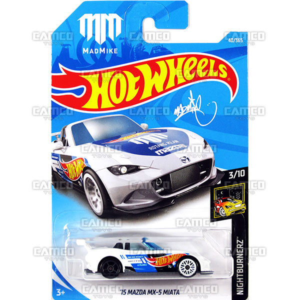 15 Mazda MX-5 Miata #40 white Mad Mike (NightBurnerz) - 2018 Hot Wheels Basic Mainline B Case Assortment C4982 by Mattel.