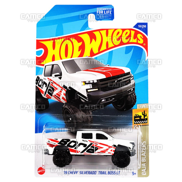 19 Chevy Silverado Trail Boss LT #53 white Borla - Baja Blazers - 2022 Hot Wheels Basic Mainline 1:64 Die-Cast Case Assortment L2593 by Mattel.