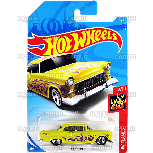 55 CHEVY #12 yellow (HW Flames) - 2018 Hot Wheels Basic Mainline A Case Assortment C4982 by Mattel.