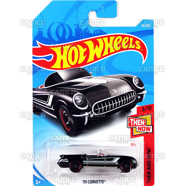 55 Corvette #45 black (Then and Now) - 2018 Hot Wheels Basic Mainline B Case Assortment C4982 by Mattel.