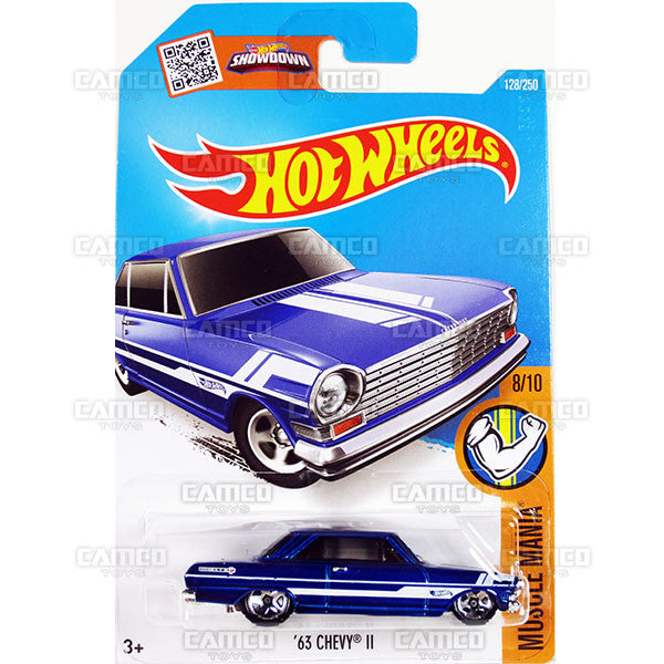 63 Chevy II #128 (DHP13) blue - Muscle Mania - 2016 Hot Wheels Basic Case Worldwide HW 1:64 Die-cast Assortment C4982 by Mattel.