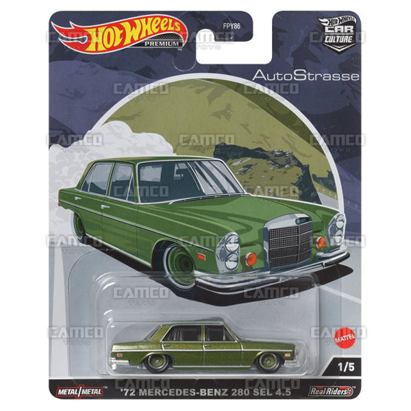 72 Mercedes-Benz 280 Sel 4.5 #1 green - 2022 Hot Wheels 1:64 Premium Car Culture Auto Strasse Case P Assortment FPY86-957P by Mattel.