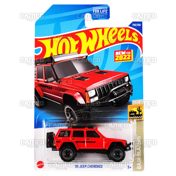 95 Jeep Cherokee #150 red - Baja Blazers - 2022 Hot Wheels Basic Mainline 1:64 Die-Cast Case Assortment L2593 by Mattel.
