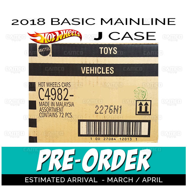 Factory Sealed case of 72 - 2018 Hot Wheels Basic Mainline J Case assortment C4982 by Mattel
