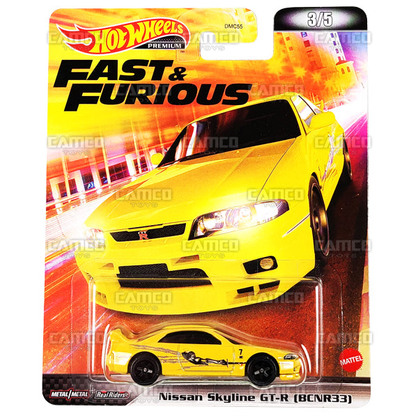 Nissan Skyline GT-R (BCNR33) #3 yellow - 2022 Hot Wheels 1:64 Premium Fast & Furious Retro Replica Entertainment L Case Assortment DMC55-957L by Mattel.
