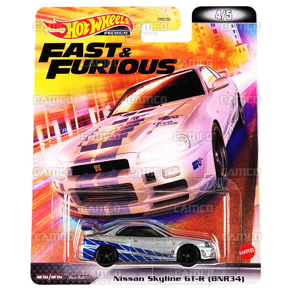 Nissan Skyline GT-R (BNR34) #4 silver - 2022 Hot Wheels 1:64 Premium Fast &amp; Furious Retro Replica Entertainment L Case Assortment DMC55-957L by Mattel.