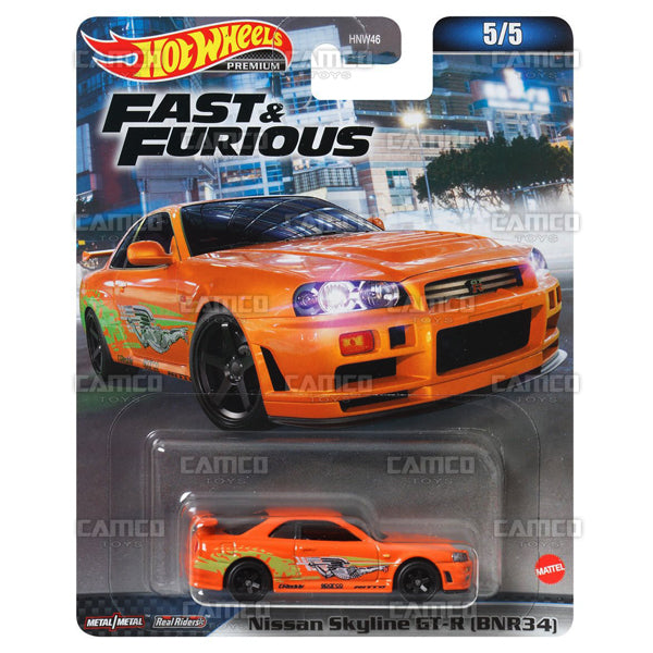 Nissan Skyline GT-R (BNR34) #5 orange - 2023 Hot Wheels 1:64 Premium Fast &amp; Furious A Case Assortment HNW46-956A by Mattel.