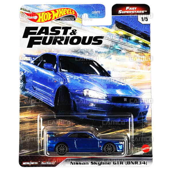 Nissan Skyline GTR (BNR34) #1 blue - 2021 Hot Wheels Premium Fast & Furious FAST SUPERSTARS Case M Assortment GBW75-956M by Mattel.